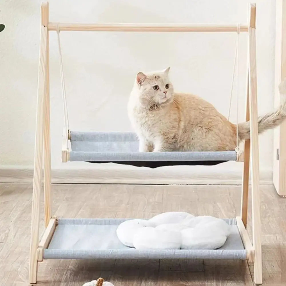Solid Wood Cat Swing Thickened Wood Stable Design Hanging Bed Comfortable Cradle Elevated Frame Cat Hammock Indoor Use