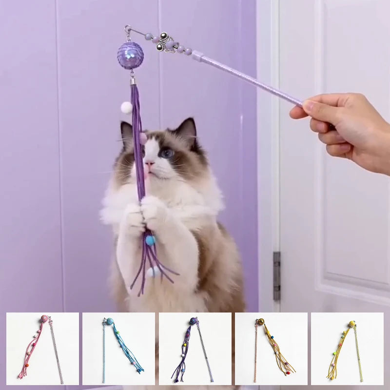 Fancy Cat Teasing Stick Interactive Cat Teaser Wand with Bell Sequins Tassel Kitten Play Toy Random Color Retractable pole