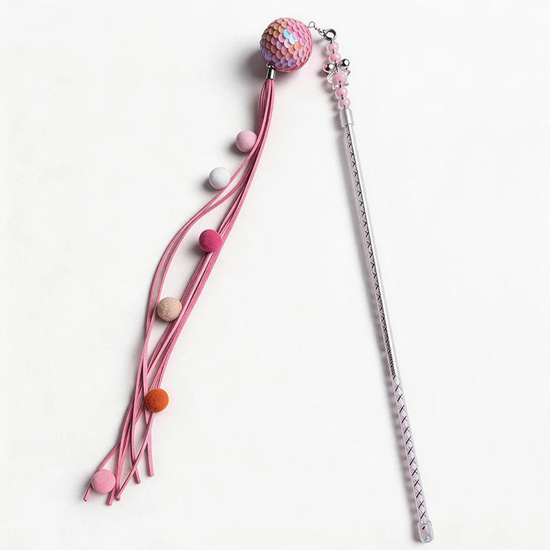 Fancy Cat Teasing Stick Interactive Cat Teaser Wand with Bell Sequins Tassel Kitten Play Toy Random Color Retractable pole