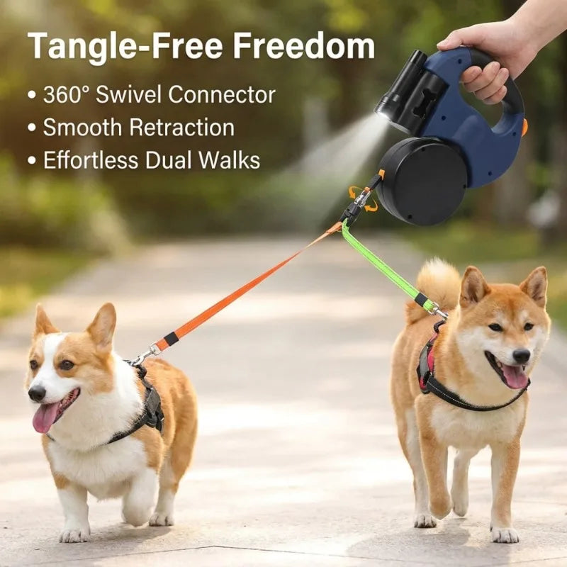 Retractable Dual Dog Leash with LED Light 360 Swivel No Tangle Independent Braking 3M Reflective Leads for Dogs