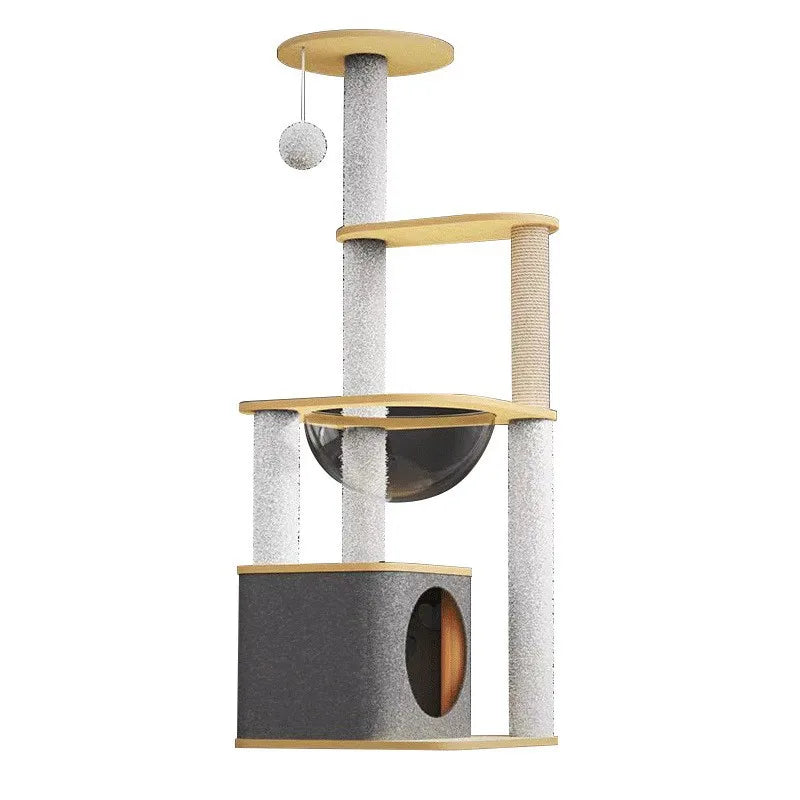Solid Wood Cat Tree, Floor-to-Ceiling Pet Tower with Cat Jumping Platform & Scratching Post