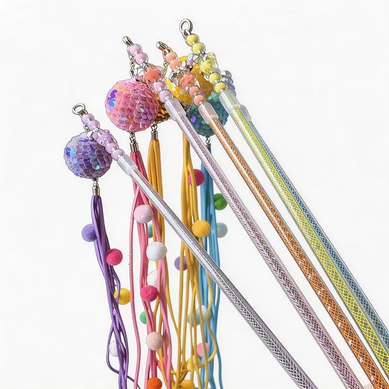Fancy Cat Teasing Stick Interactive Cat Teaser Wand with Bell Sequins Tassel Kitten Play Toy Random Color Retractable pole