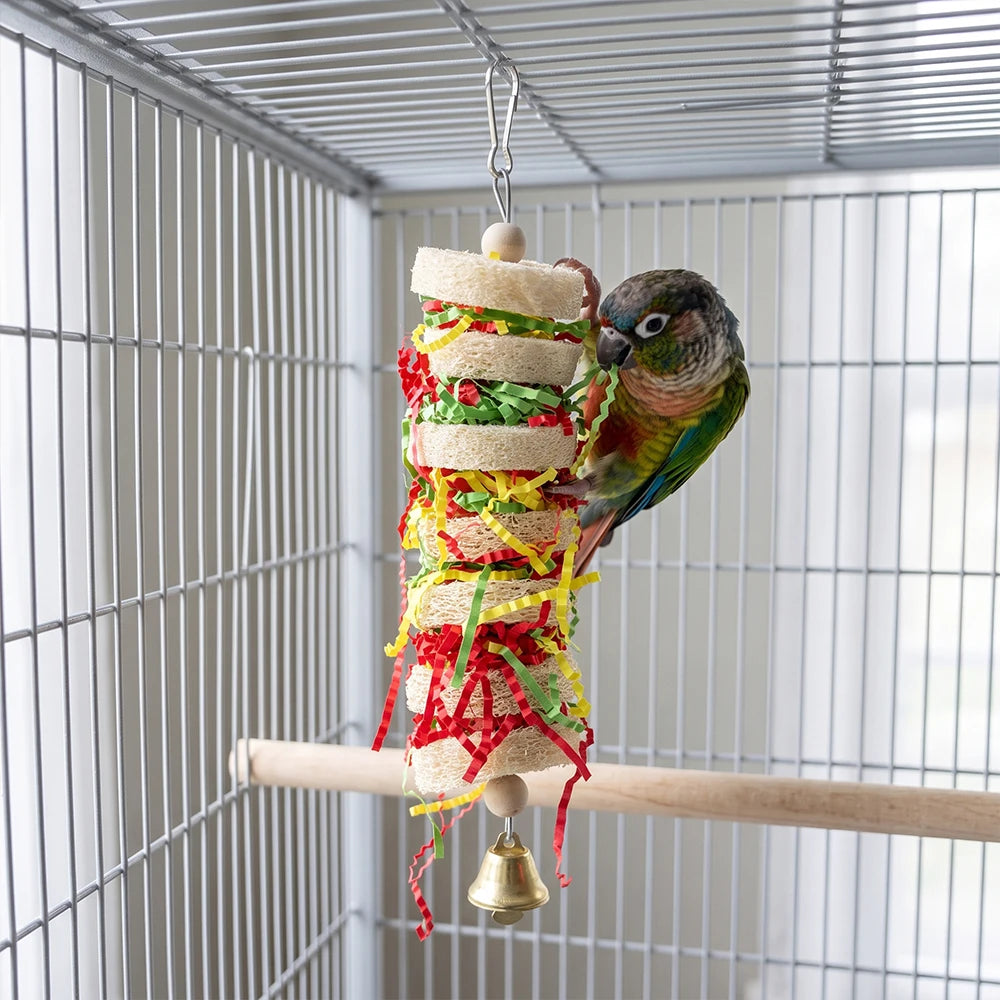 Funny Bird Toys Parrot Toys Swing Parrot Cage Natural loofah Hanging Cockatiel with Bell Parakeet Pet Bird Bites Climb Chew Toys