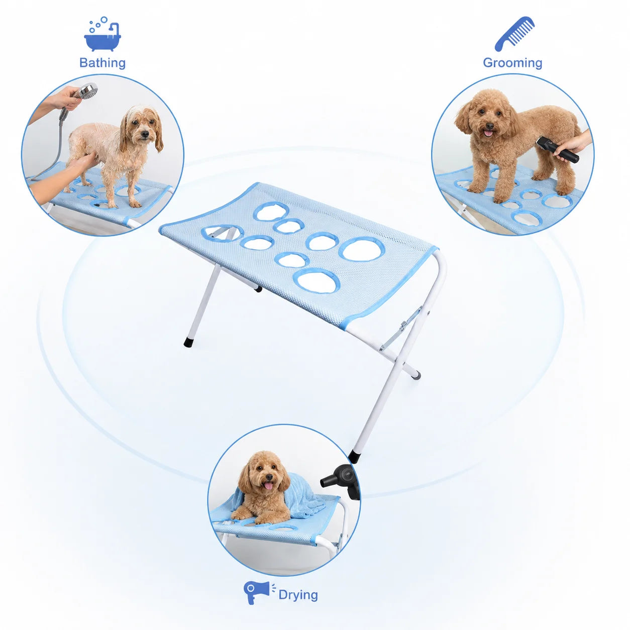 Foldable Pet Grooming Table Adjustable Dog Cat Hair Brushing Bath Stand Multi-Hole Non-Slip Portable Grooming Platform