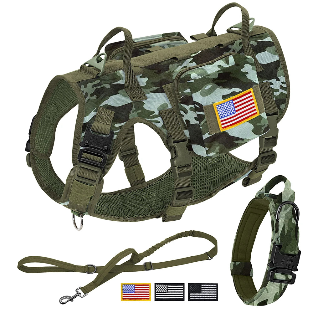 Tactical Dog Harness Collar Leash Set Military Training Pet Vest with Pouches Flags Durable Collars for Big Dogs German Shepherd