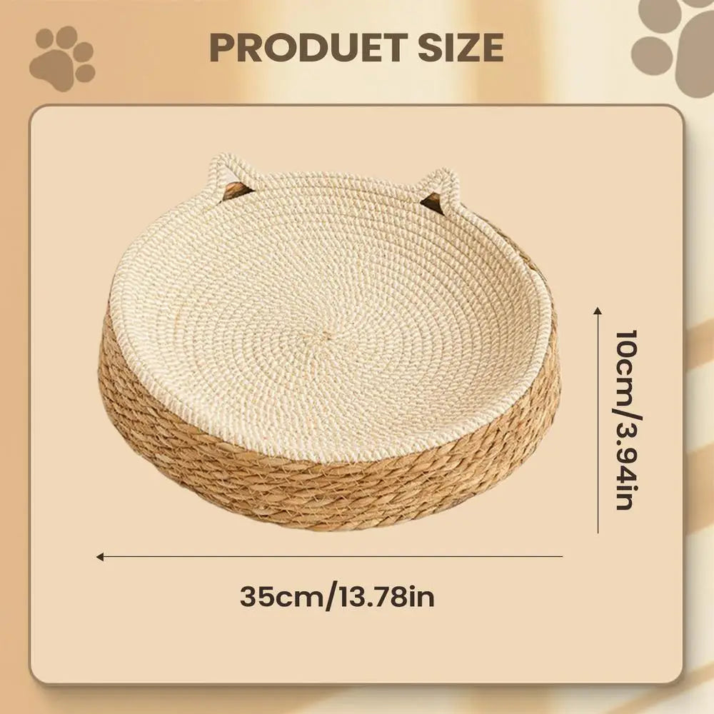 Round Cat Scratcher Bed Breathable Woven Cotton Rope Mat Kitten Ear Design Play Sleep Furniture Protector Indoor Toy