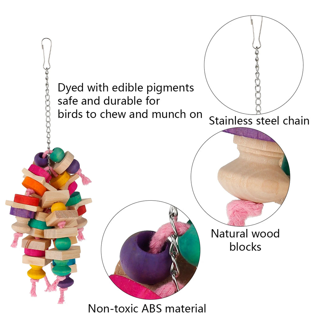 Parrot Chew Toys Bird Parrot Hanging Bite Wooden Blocks Cage Fun Toy for Chewing Climbing Biting Wooden Knots Chewing Toys