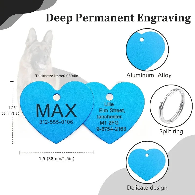 Personalized Custom Aluminum Heart Shape Pet Dog ID Tag Cat Puppy Name Pendant Tags Pets Tag Collar Anti-lost Nameplate