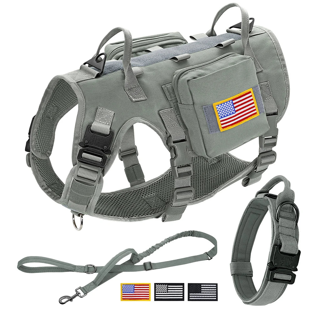 Tactical Dog Harness Collar Leash Set Military Training Pet Vest with Pouches Flags Durable Collars for Big Dogs German Shepherd