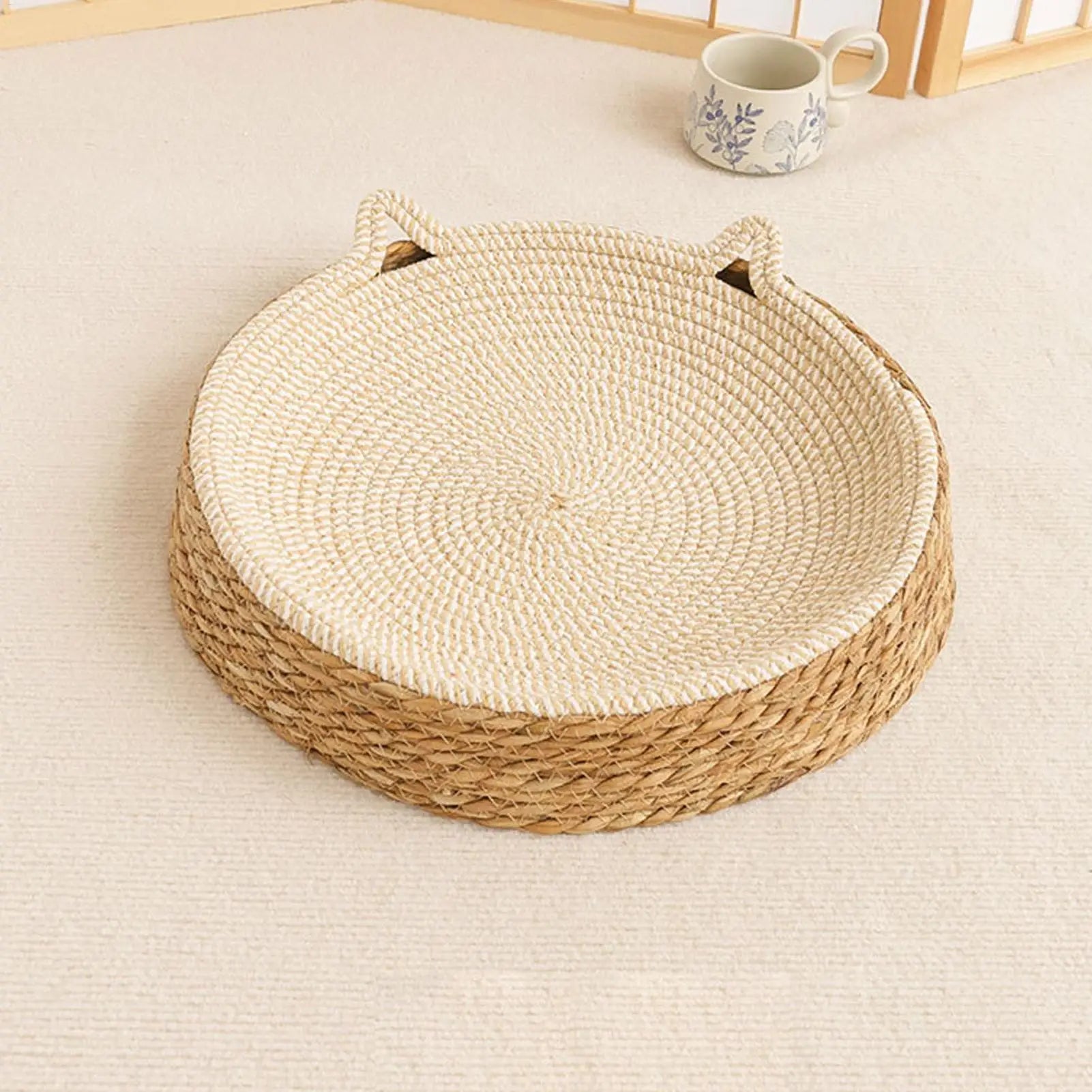 Round Cat Scratcher Bed Breathable Woven Cotton Rope Mat Kitten Ear Design Play Sleep Furniture Protector Indoor Toy