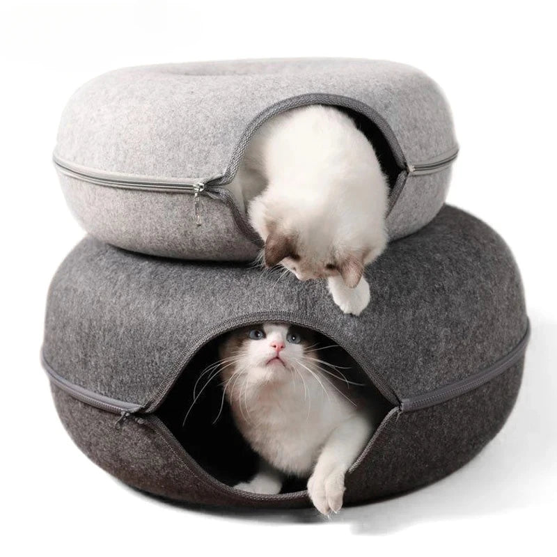 Donut Cat Bed for 2 Cats Pet Cat Tunnel Toys Kitten House Basket Interactive Play Toys for Cats Natural Felt Rabbit Cave Nest