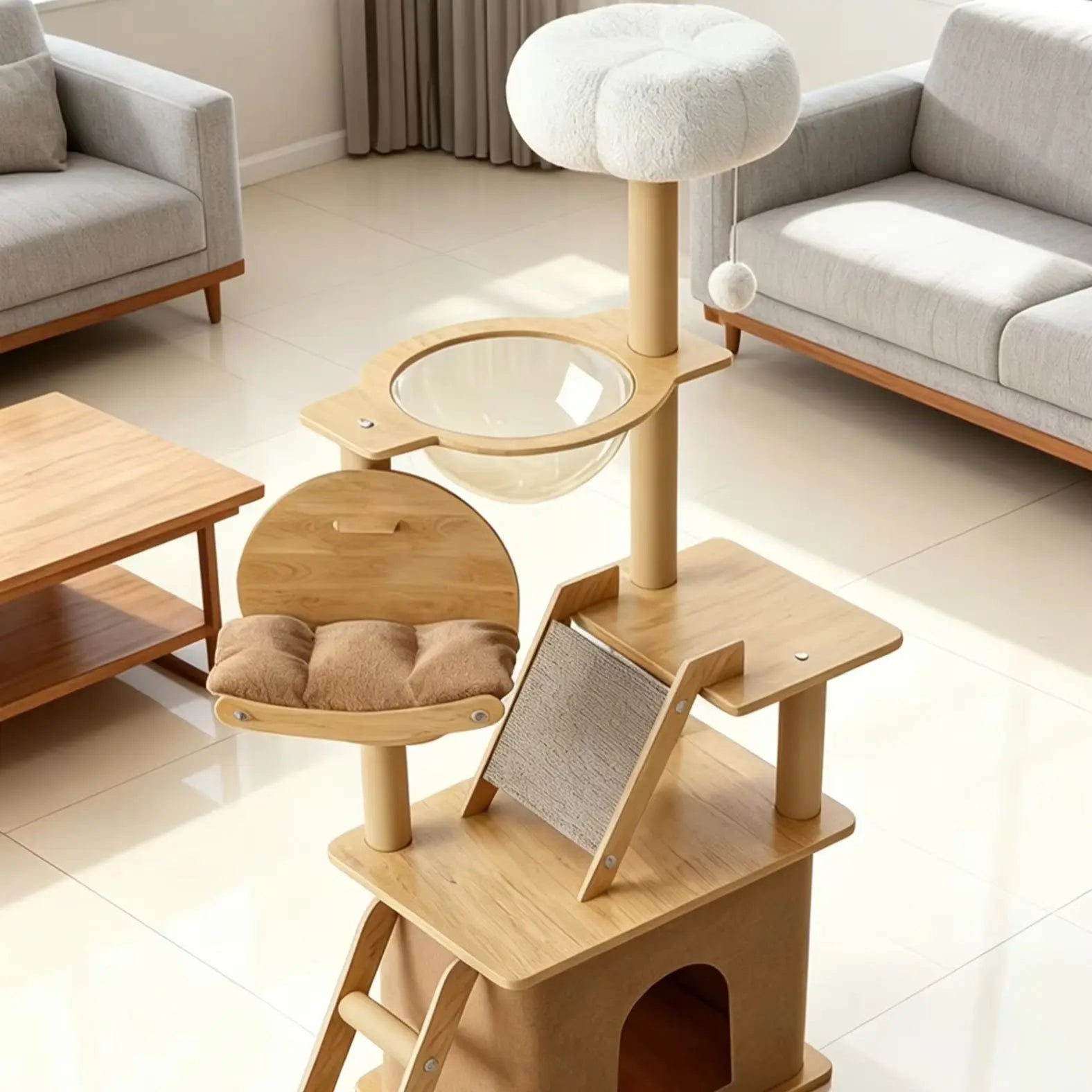 Solid Wood Cat Tree, Floor-to-Ceiling Pet Tower with Cat Jumping Platform & Scratching Post