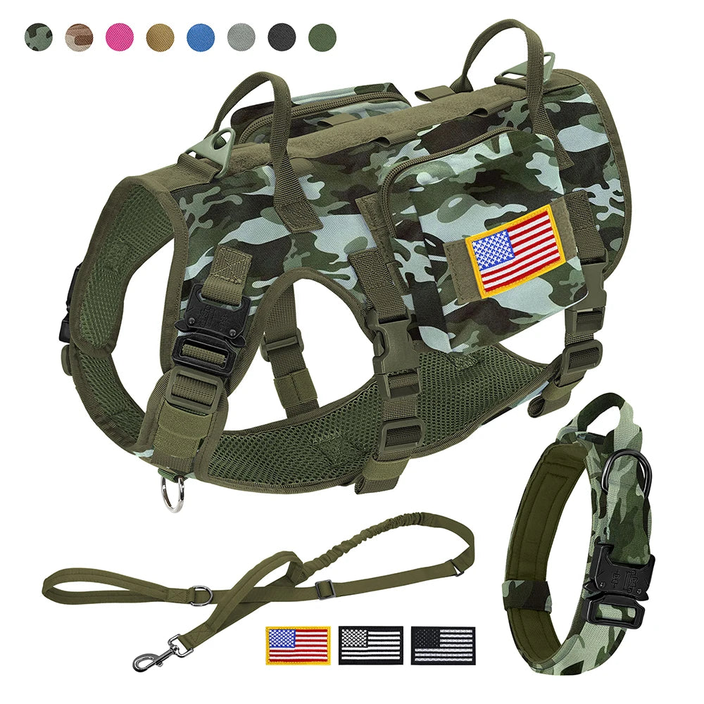 Tactical Dog Harness Collar Leash Set Military Training Pet Vest with Pouches Flags Durable Collars for Big Dogs German Shepherd