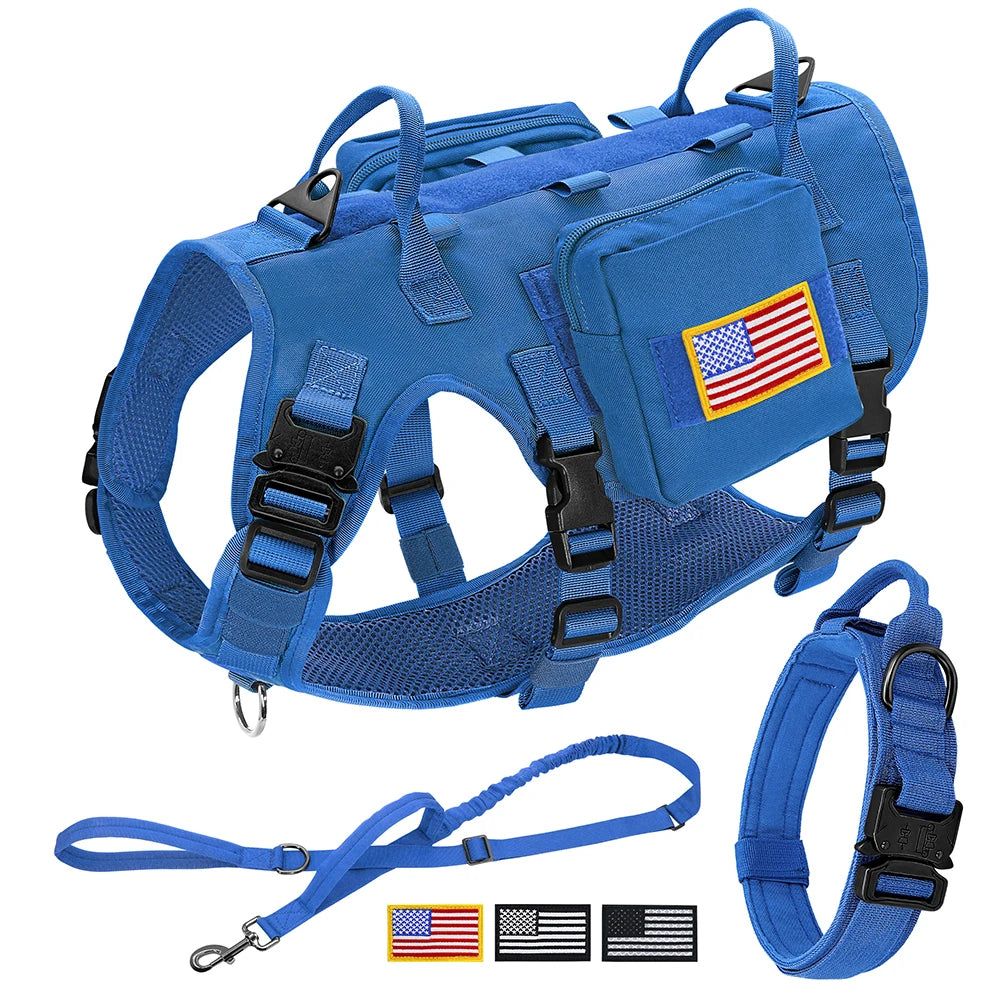 Tactical Dog Harness Collar Leash Set Military Training Pet Vest with Pouches Flags Durable Collars for Big Dogs German Shepherd