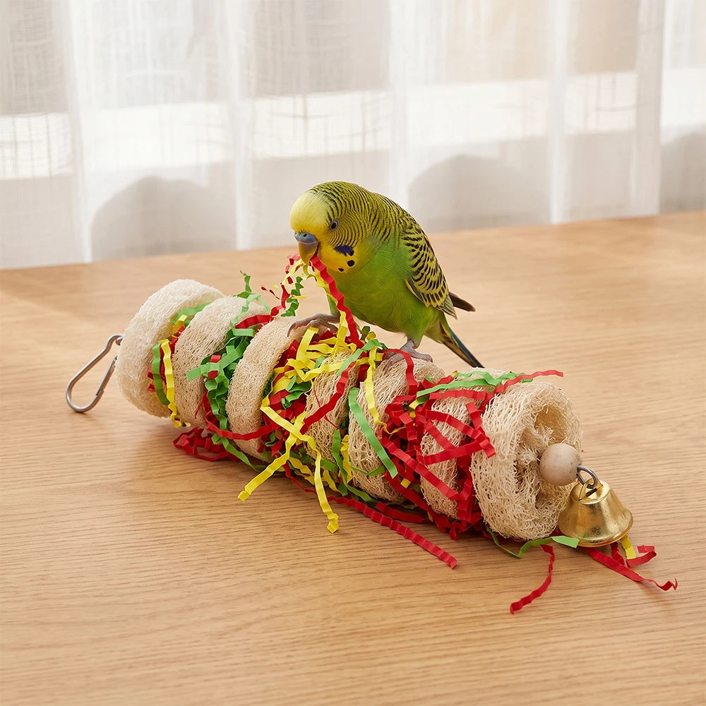 Funny Bird Toys Parrot Toys Swing Parrot Cage Natural loofah Hanging Cockatiel with Bell Parakeet Pet Bird Bites Climb Chew Toys