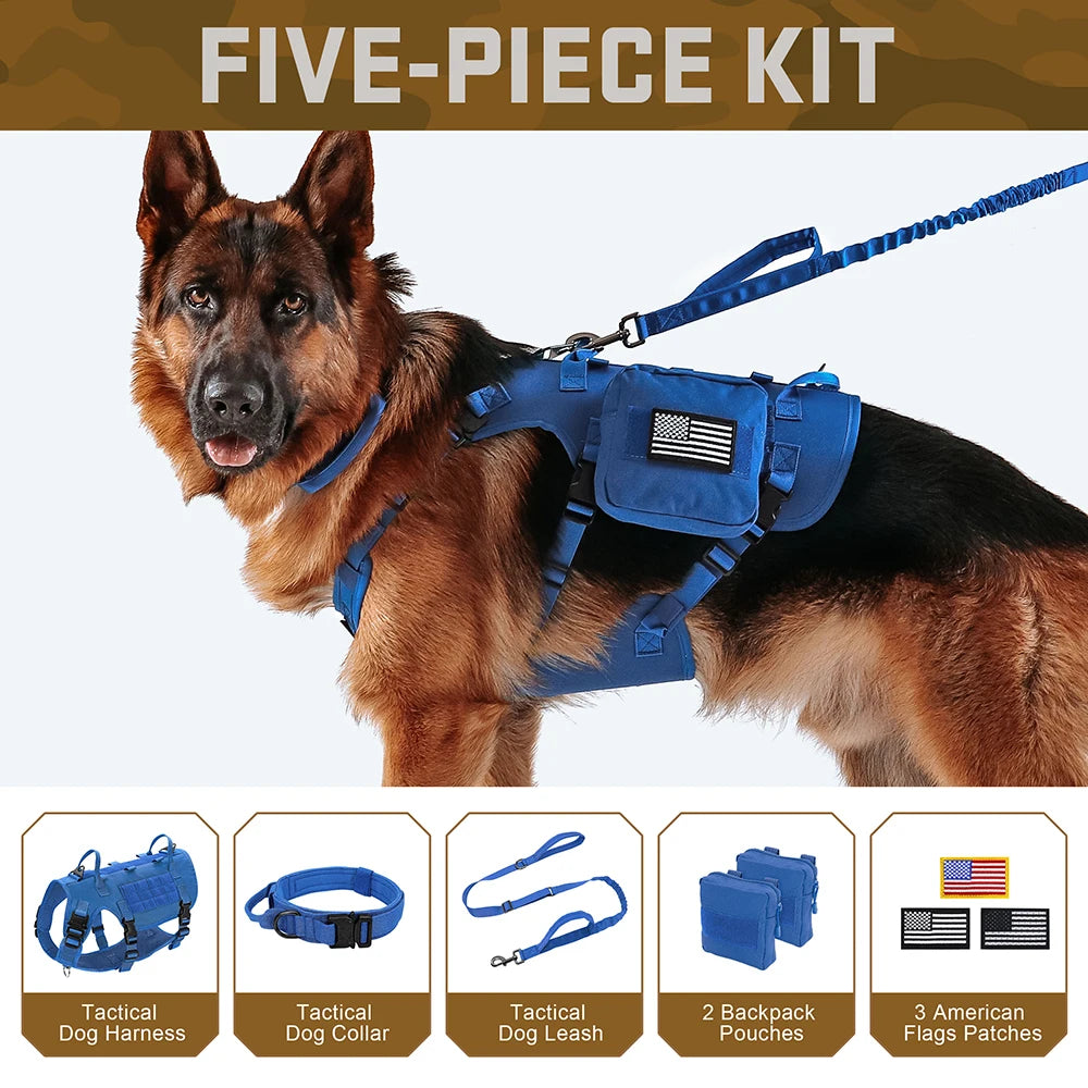 Tactical Dog Harness Collar Leash Set Military Training Pet Vest with Pouches Flags Durable Collars for Big Dogs German Shepherd