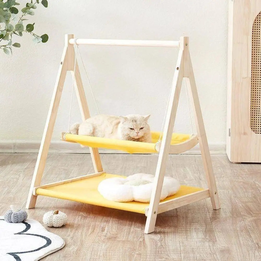 Solid Wood Cat Swing Thickened Wood Stable Design Hanging Bed Comfortable Cradle Elevated Frame Cat Hammock Indoor Use