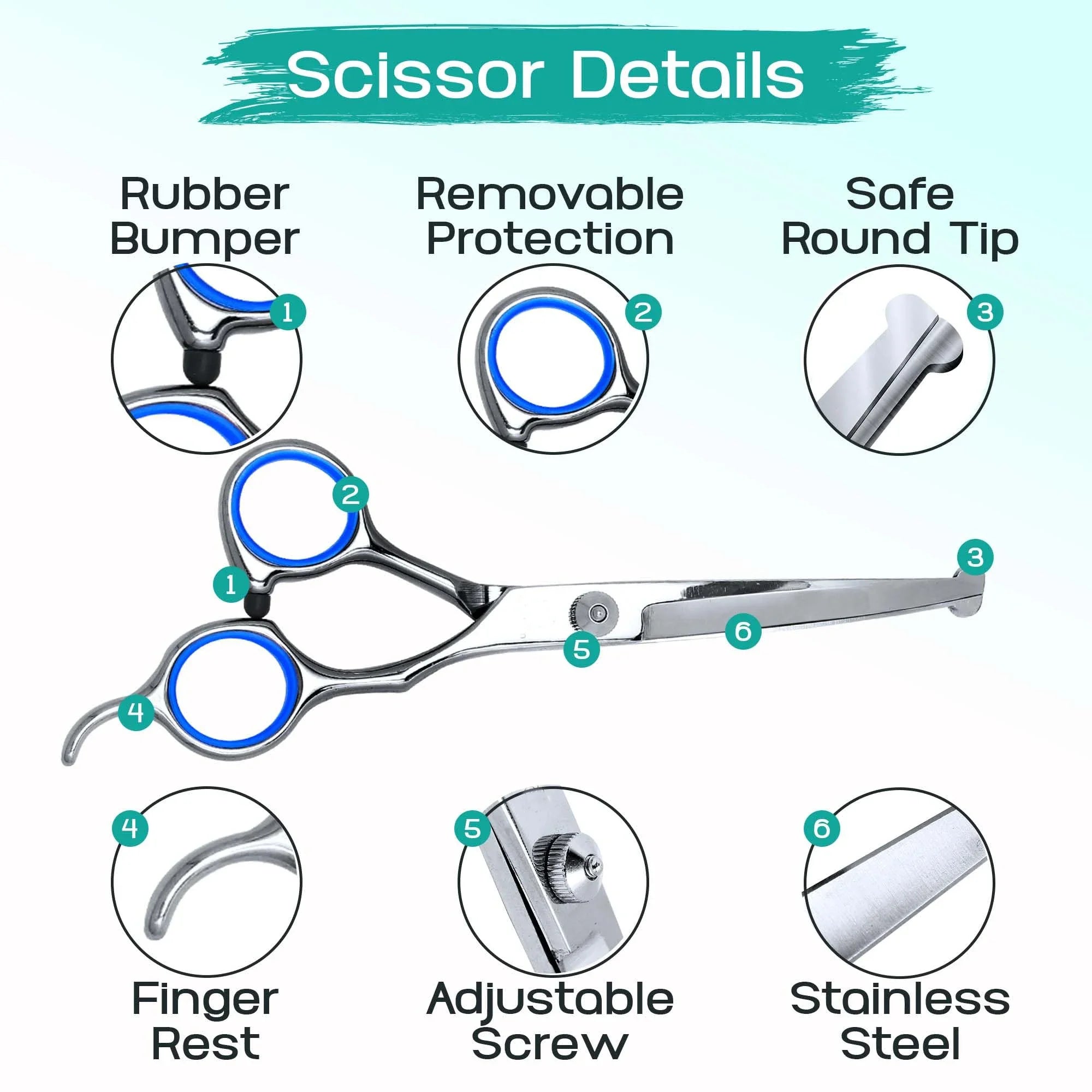 5 in 1 Professional Dogs Grooming Scissors Set Stainless Steel Dog and Cat Hair Thinning Shears with Safety Round Tip for Pet