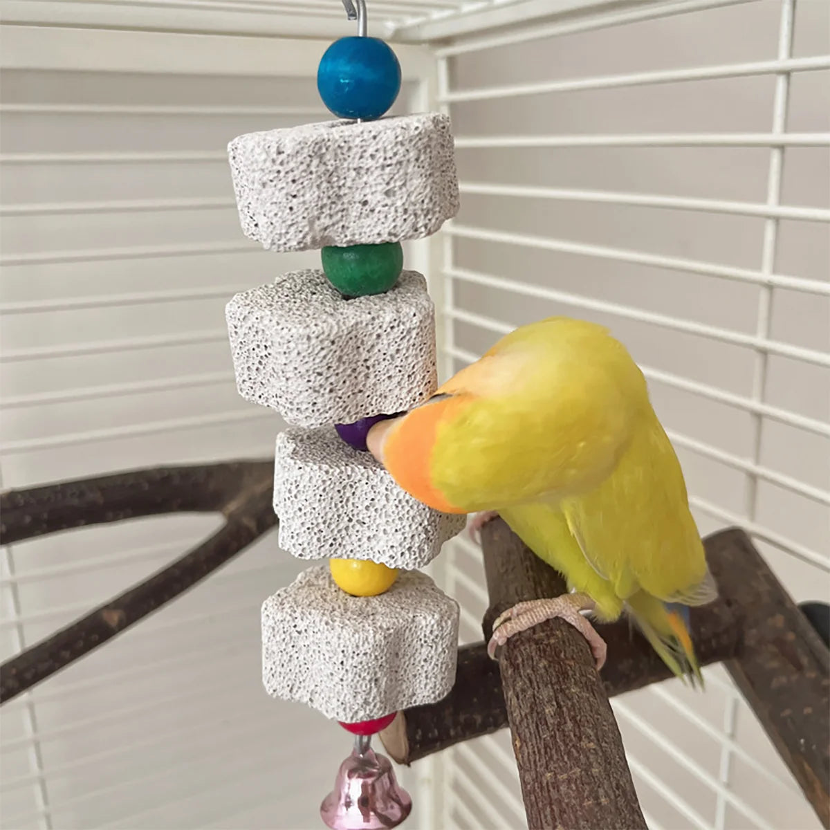 1 Piece of Multi-Color Parrot Beak Grinding Calcium Stone Cage Toy with Bell, Flower Shaped Hanging Chew Toy