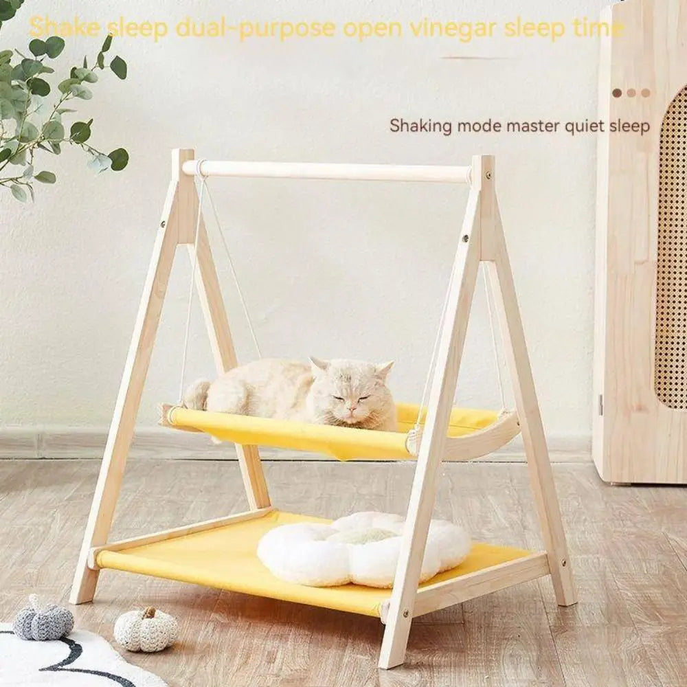 Solid Wood Cat Swing Thickened Wood Stable Design Hanging Bed Comfortable Cradle Elevated Frame Cat Hammock Indoor Use