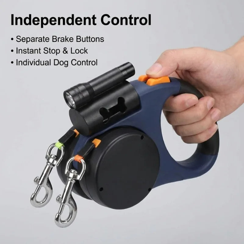 Retractable Dual Dog Leash with LED Light 360 Swivel No Tangle Independent Braking 3M Reflective Leads for Dogs