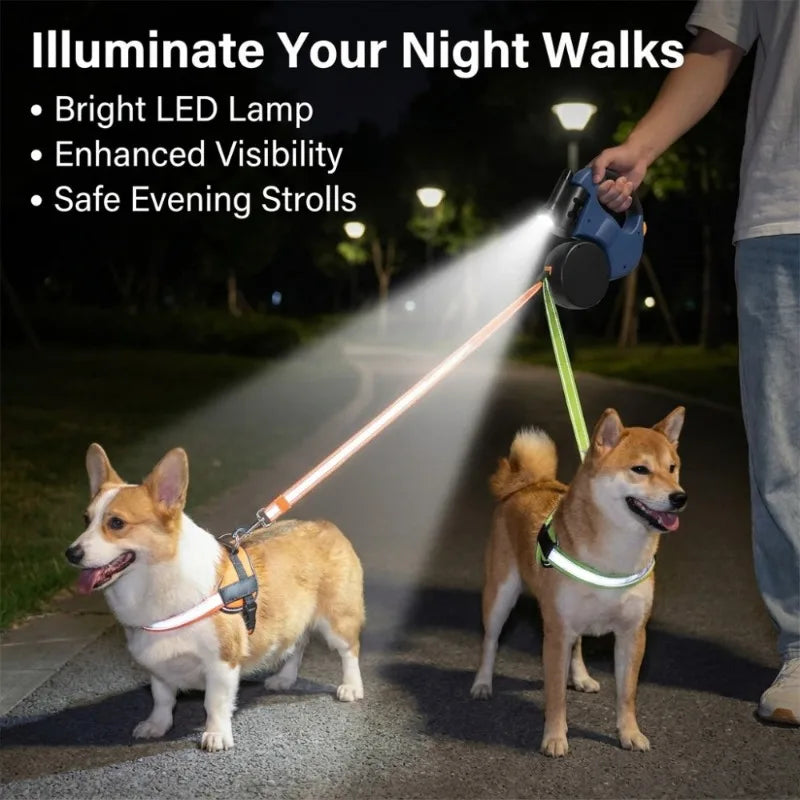 Retractable Dual Dog Leash with LED Light 360 Swivel No Tangle Independent Braking 3M Reflective Leads for Dogs