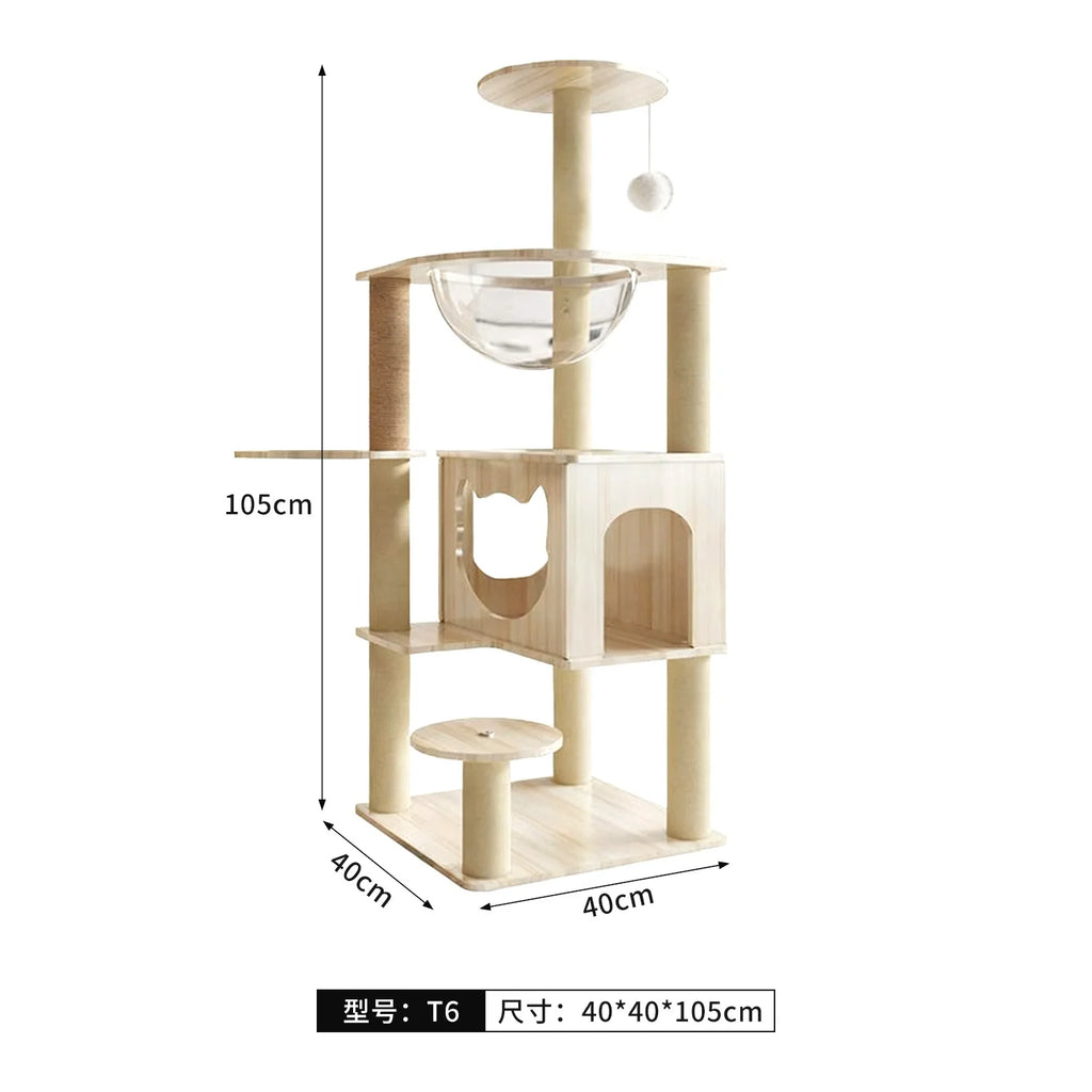 Solid Wood Cat Tree, Floor-to-Ceiling Pet Tower with Cat Jumping Platform & Scratching Post