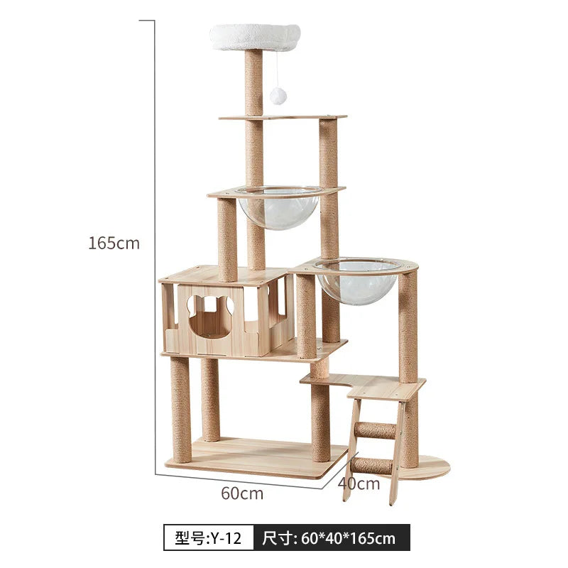 Solid Wood Cat Tree, Floor-to-Ceiling Pet Tower with Cat Jumping Platform & Scratching Post