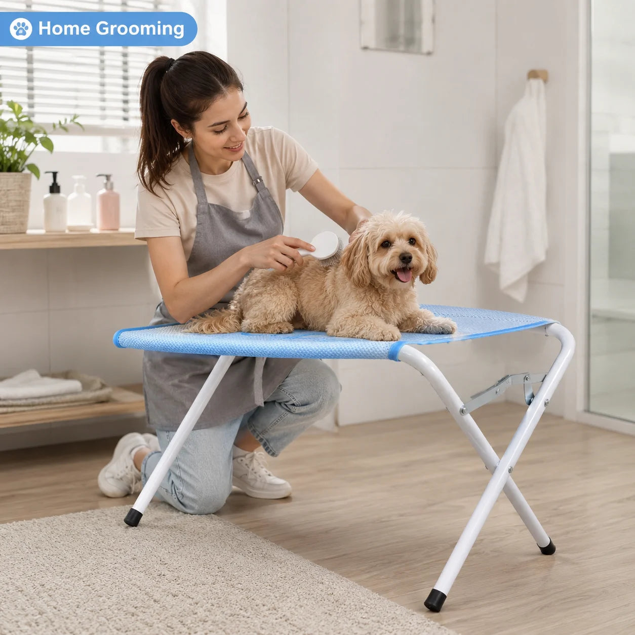 Foldable Pet Grooming Table Adjustable Dog Cat Hair Brushing Bath Stand Multi-Hole Non-Slip Portable Grooming Platform