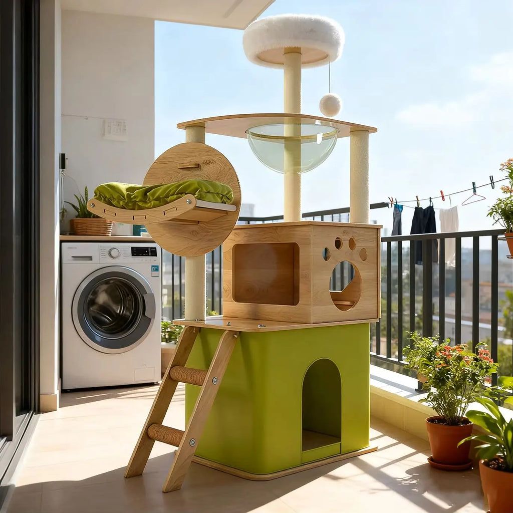 Solid Wood Cat Tree, Floor-to-Ceiling Pet Tower with Cat Jumping Platform & Scratching Post