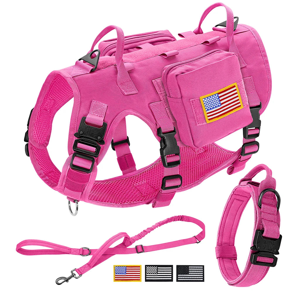 Tactical Dog Harness Collar Leash Set Military Training Pet Vest with Pouches Flags Durable Collars for Big Dogs German Shepherd
