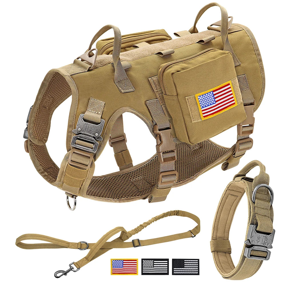 Tactical Dog Harness Collar Leash Set Military Training Pet Vest with Pouches Flags Durable Collars for Big Dogs German Shepherd