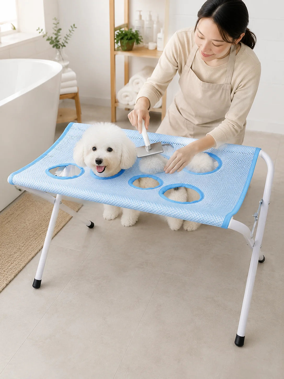 Foldable Pet Grooming Table Adjustable Dog Cat Hair Brushing Bath Stand Multi-Hole Non-Slip Portable Grooming Platform