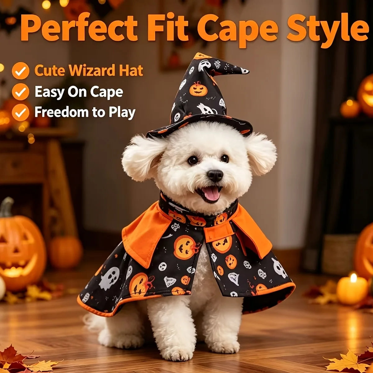 Halloween Pet Costume Cat Pumpkin Cloak Wizard Hat Set Fun Wizard Printing Craft Festive Atmosphere Party Dressing Photography