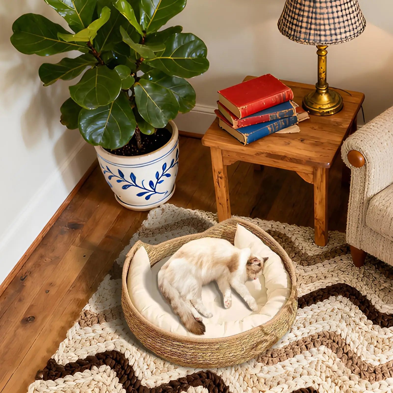 Cat Basket Cotton Rope Round Bed for Cat Sleep with Pillow All Season Indoor Weaving Pet Resting Scratching Sleeping Furniture