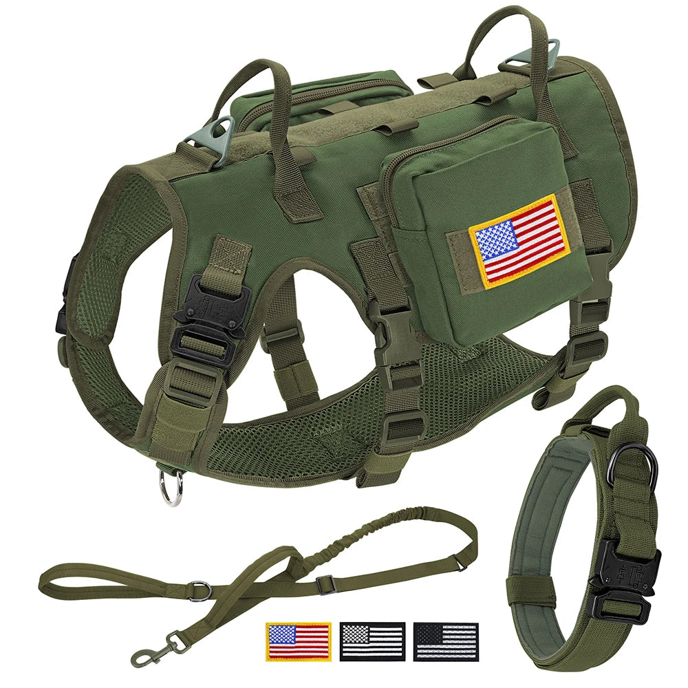 Tactical Dog Harness Collar Leash Set Military Training Pet Vest with Pouches Flags Durable Collars for Big Dogs German Shepherd