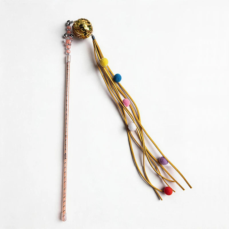Fancy Cat Teasing Stick Interactive Cat Teaser Wand with Bell Sequins Tassel Kitten Play Toy Random Color Retractable pole