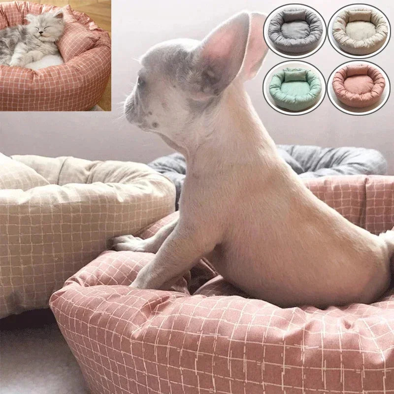 Round Pet Beds for Dogs Cats Soft Cloth Pet Mat with Pillow Animals Sleeping Cushions Sofa Puppy Small Cat House Dog Accessoires