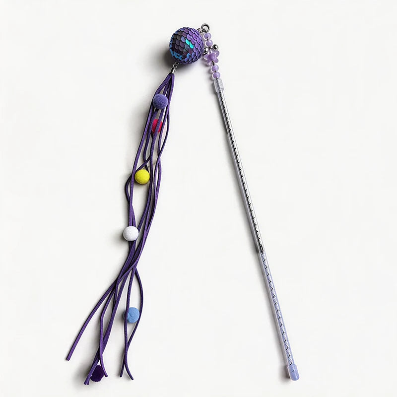 Fancy Cat Teasing Stick Interactive Cat Teaser Wand with Bell Sequins Tassel Kitten Play Toy Random Color Retractable pole