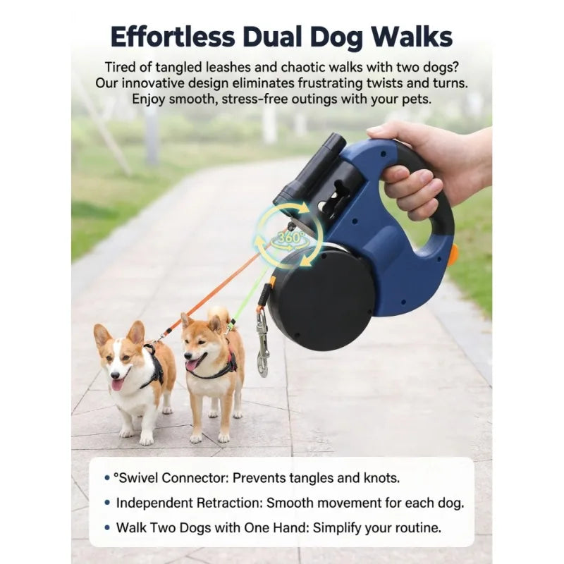 Retractable Dual Dog Leash with LED Light 360 Swivel No Tangle Independent Braking 3M Reflective Leads for Dogs