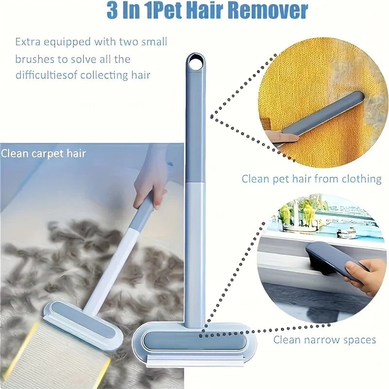 2-in-1 Pet Hair Remover Brush for Dogs & Cats - Dual-Action Bristle & Rubber Brushes with Washable Blue & Gray Bristles