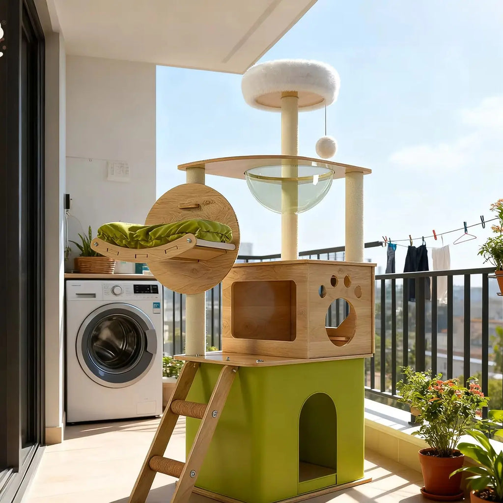 Solid Wood Cat Tree, Floor-to-Ceiling Pet Tower with Cat Jumping Platform & Scratching Post