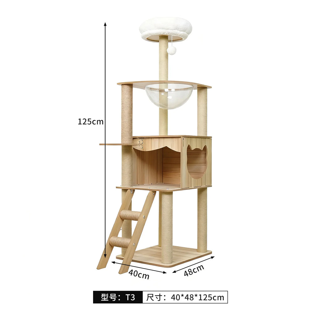 Solid Wood Cat Tree, Floor-to-Ceiling Pet Tower with Cat Jumping Platform & Scratching Post
