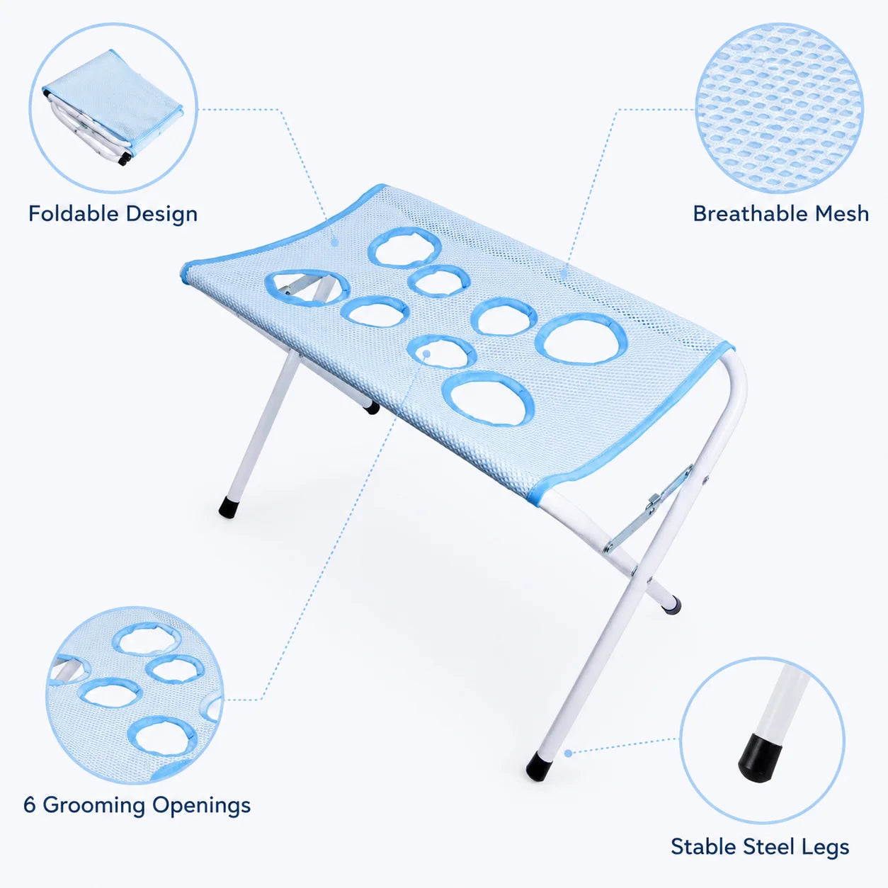 Foldable Pet Grooming Table Adjustable Dog Cat Hair Brushing Bath Stand Multi-Hole Non-Slip Portable Grooming Platform