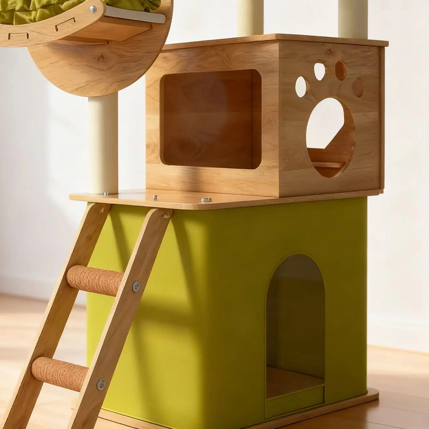 Solid Wood Cat Tree, Floor-to-Ceiling Pet Tower with Cat Jumping Platform & Scratching Post