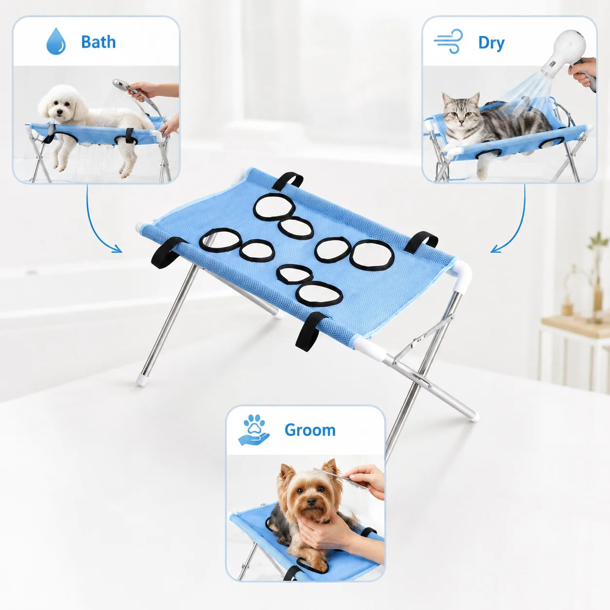 Pet Bathing Hammock Stand Foldable Dog Cat Grooming Drying Table Breathable Mesh Bath Helper for Small Pets