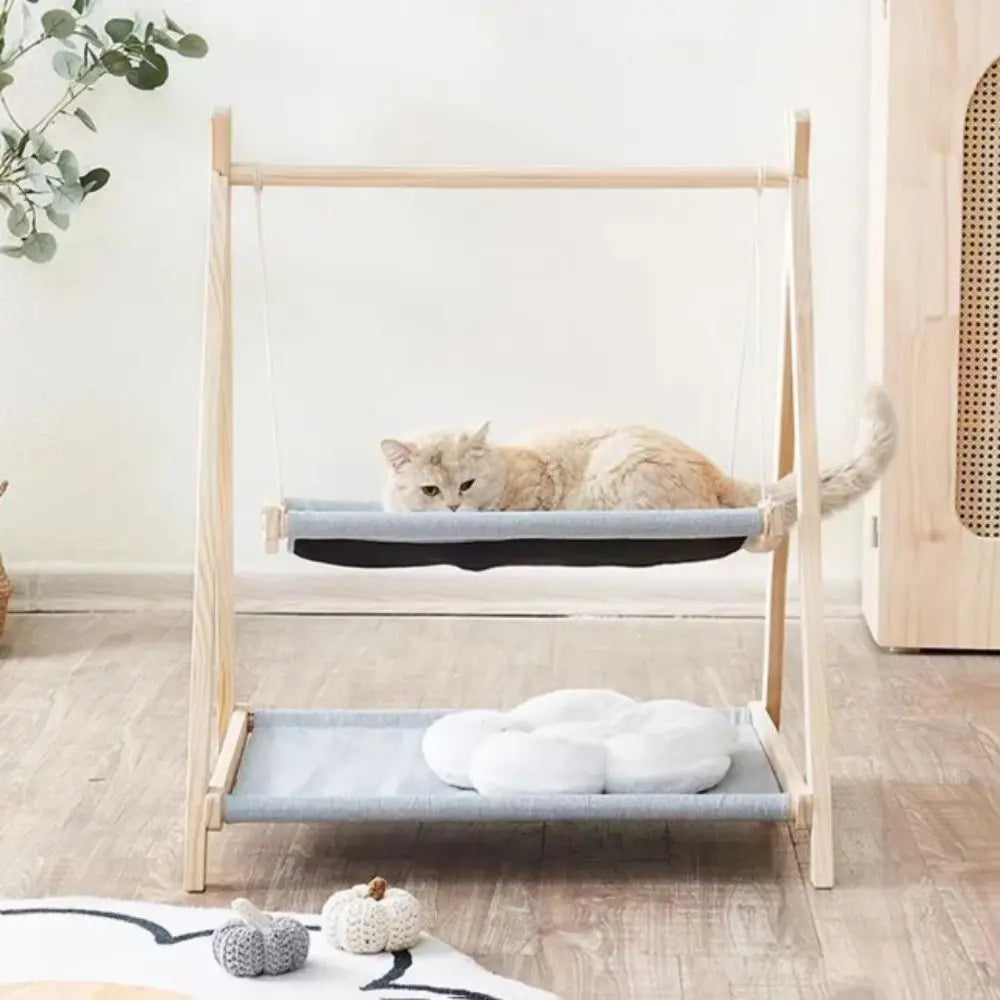 Solid Wood Cat Swing Thickened Wood Stable Design Hanging Bed Comfortable Cradle Elevated Frame Cat Hammock Indoor Use