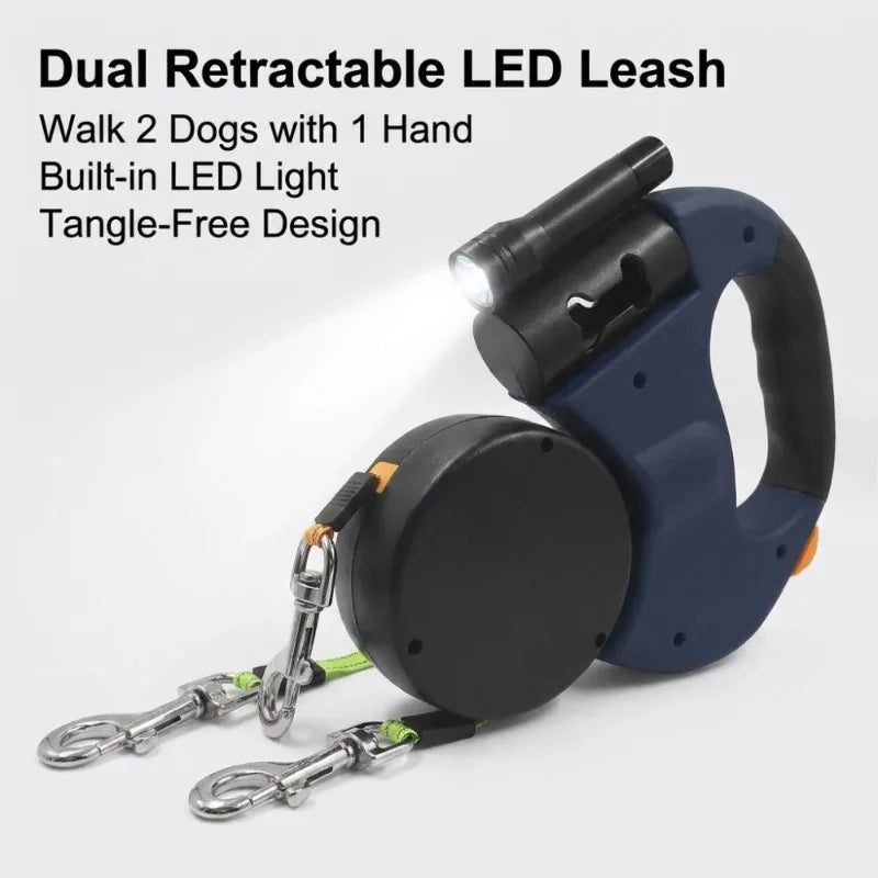 Retractable Dual Dog Leash with LED Light 360 Swivel No Tangle Independent Braking 3M Reflective Leads for Dogs