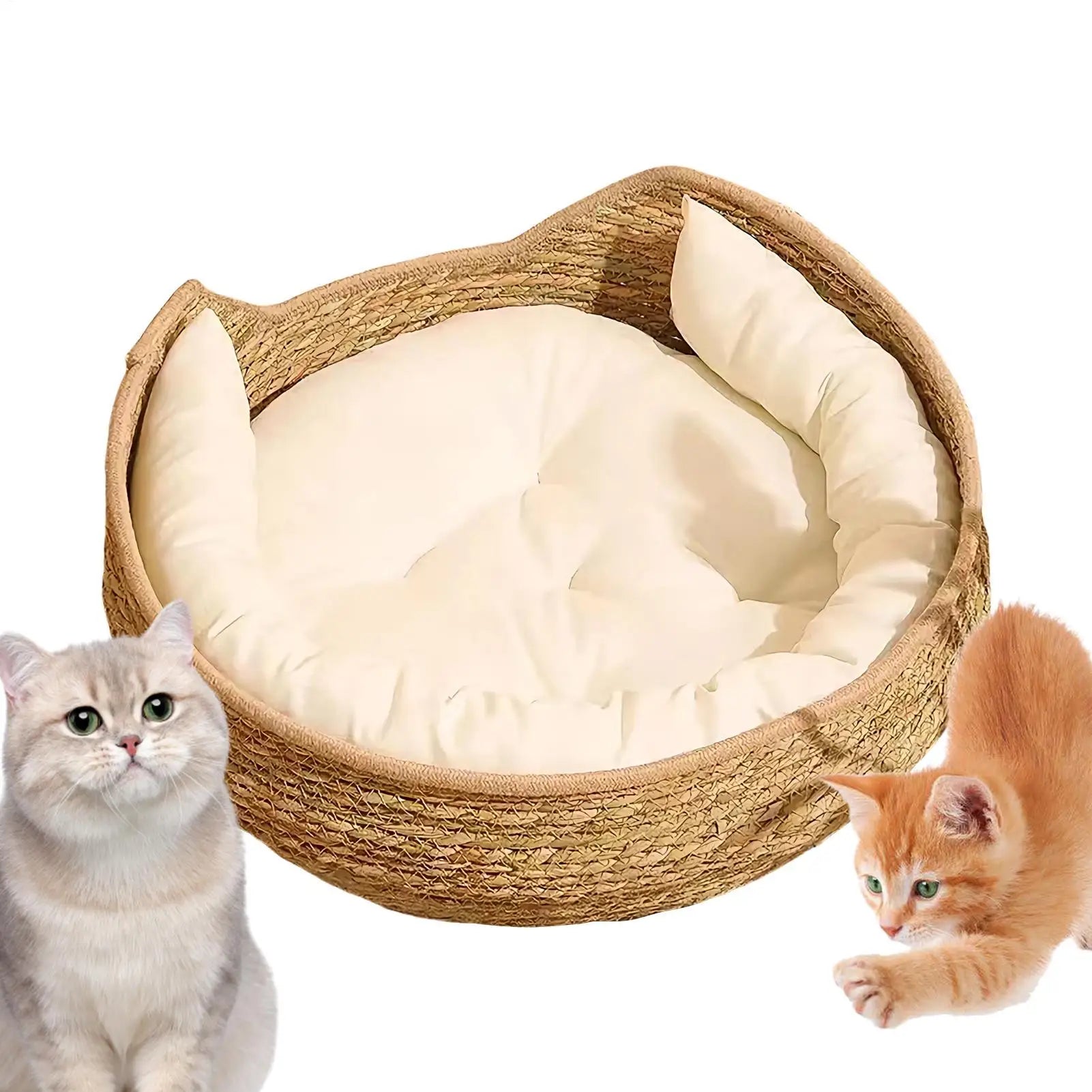 Woven Cat Bed Handmade Vine Woven Cat Nest Seasonal Warmth Pad Cat Bed Cotton Rope Round Bed for Cat Sleep with Pillow