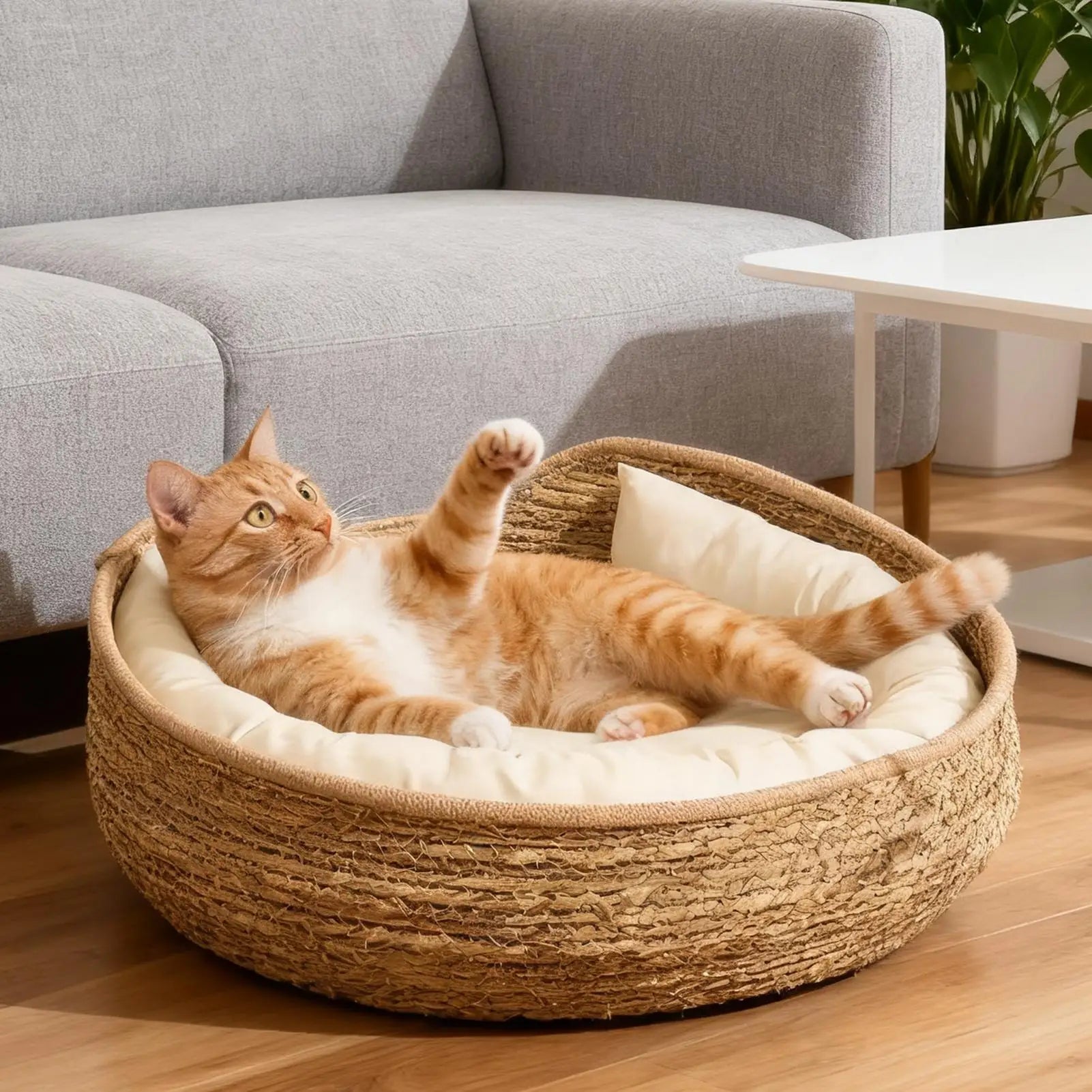 Cat Basket Cotton Rope Round Bed for Cat Sleep with Pillow All Season Indoor Weaving Pet Resting Scratching Sleeping Furniture